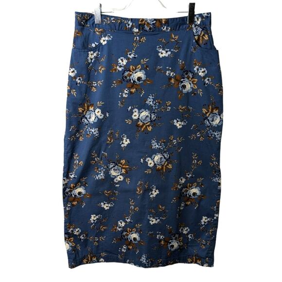 Vintage 90's  Cherokee Cotton Blend Maxi Straight Floral Skirt Blue Brown White - Picture 1 of 8